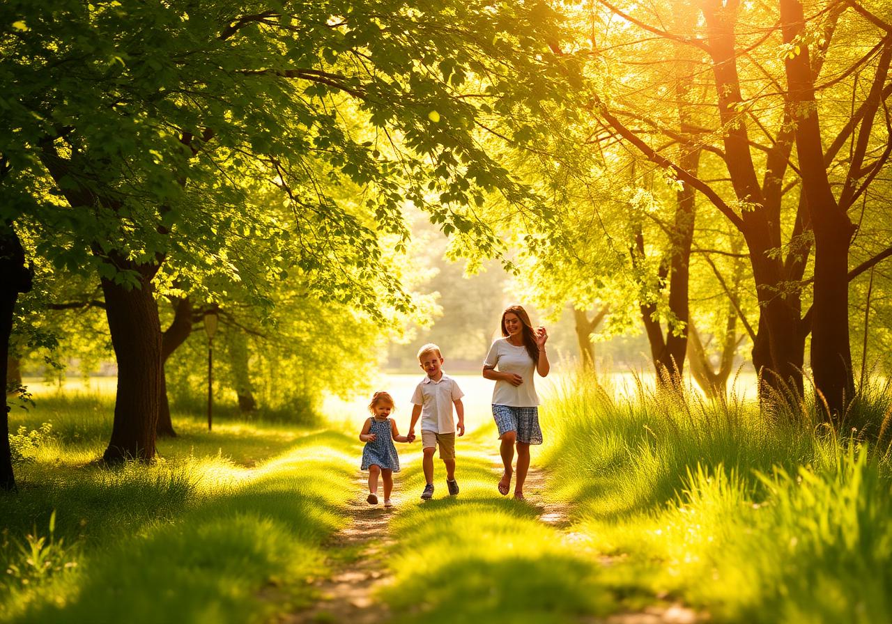 A family walking together on a sunlit path through trees in a community park.