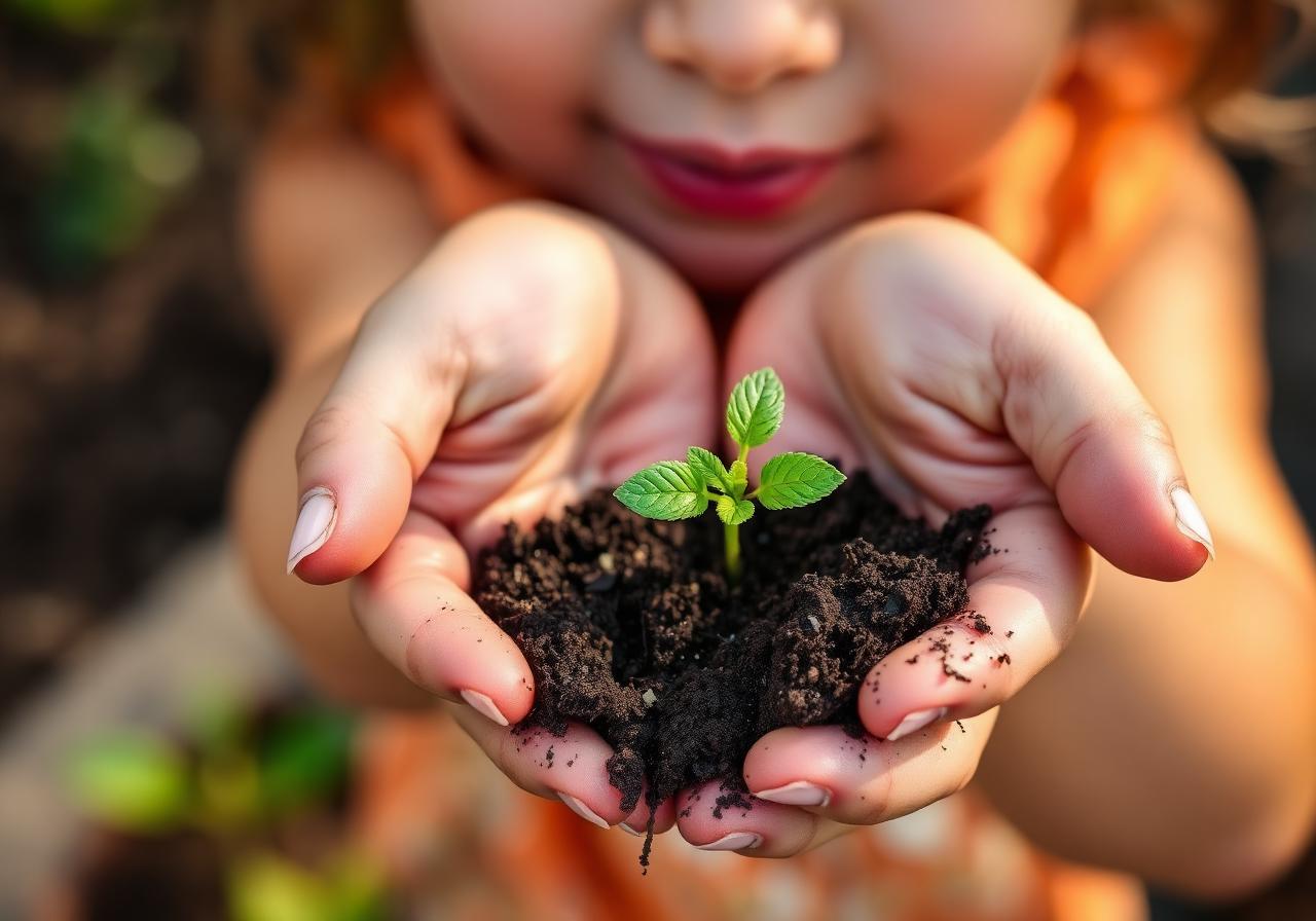 A child cupping soil and a small green seedling in their hands.